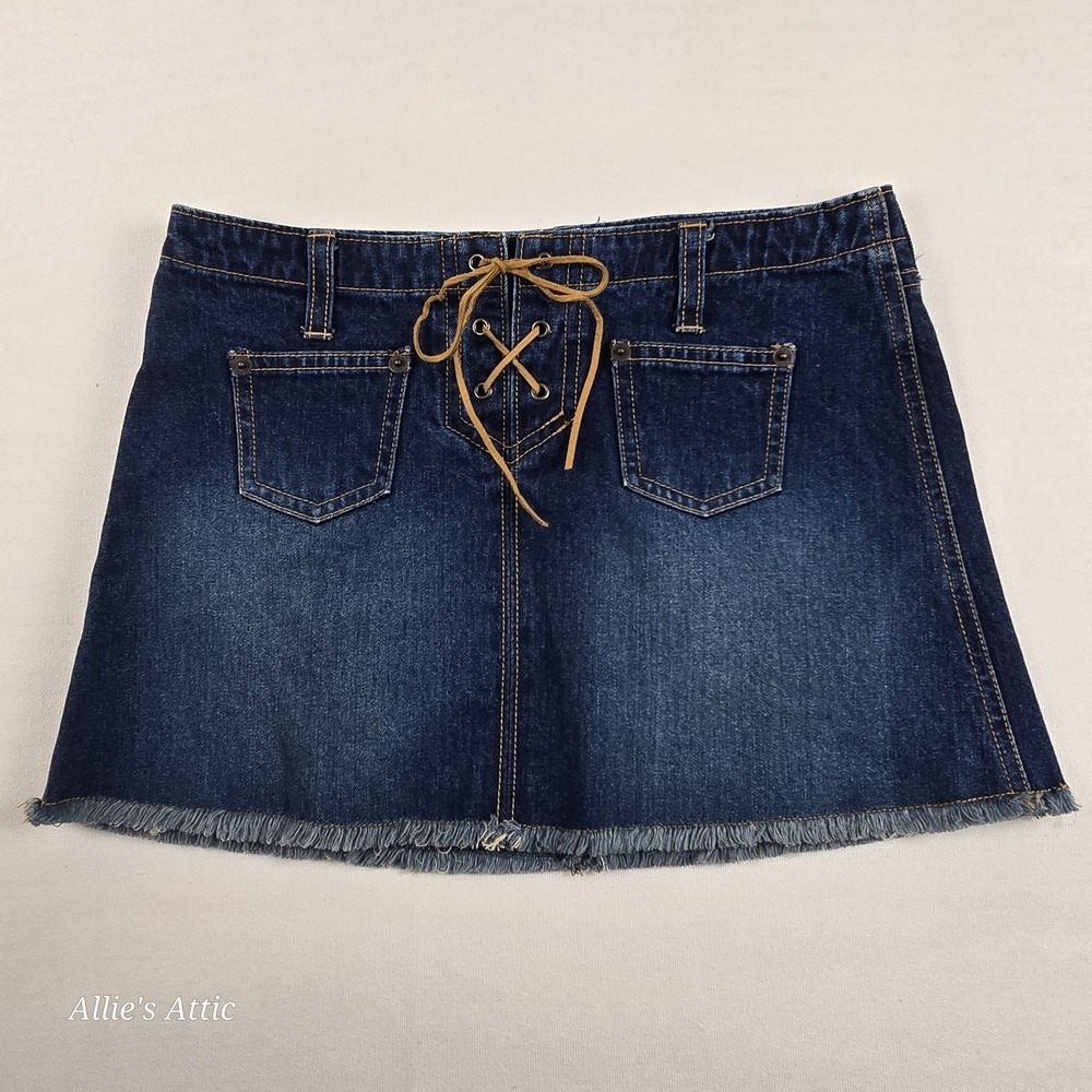 Abercrombie Denim Micro Mini Skirt Y2K Vintage Dark Blue Leather Lace Up Tie 12